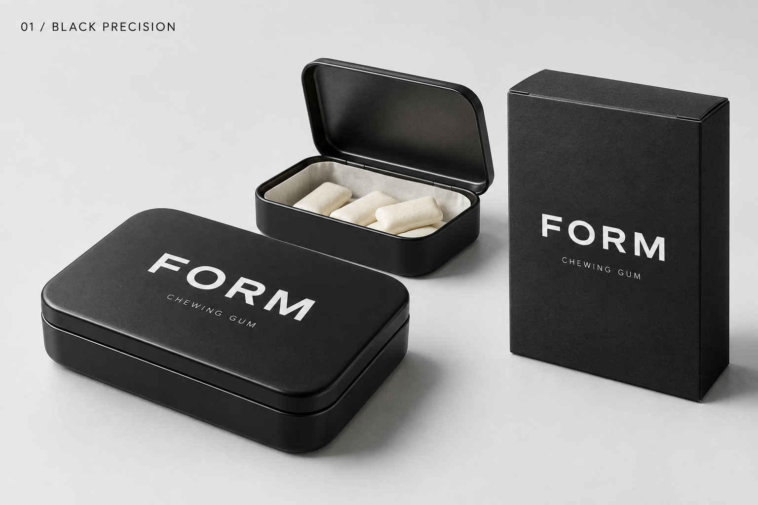 FORM black pocket tin and carton packaging concept, with an open tin showing gum
